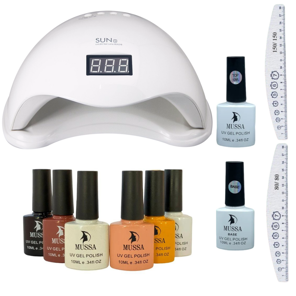 Kit Lé Mussa Uñas 6 Esmaltes Lámpara Sun 5, Top Y Base, 2 Limas