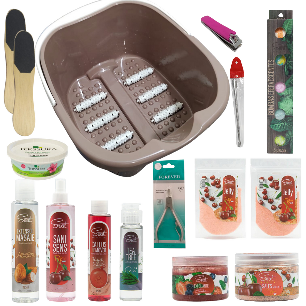 Kit Pedicura Pro con Tina Jelly, Crema, Sales, Exfoliante, limas y mas. 20 Piezas