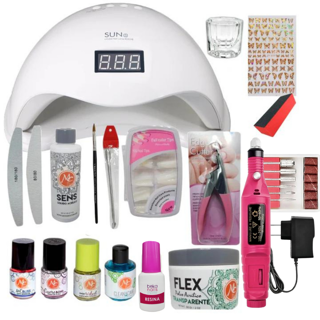 Kit Estudiantil Uñas Acrílicas Mc Nails con Lámpara 48 w y Pulidor Drill, 18 Piezas en Total