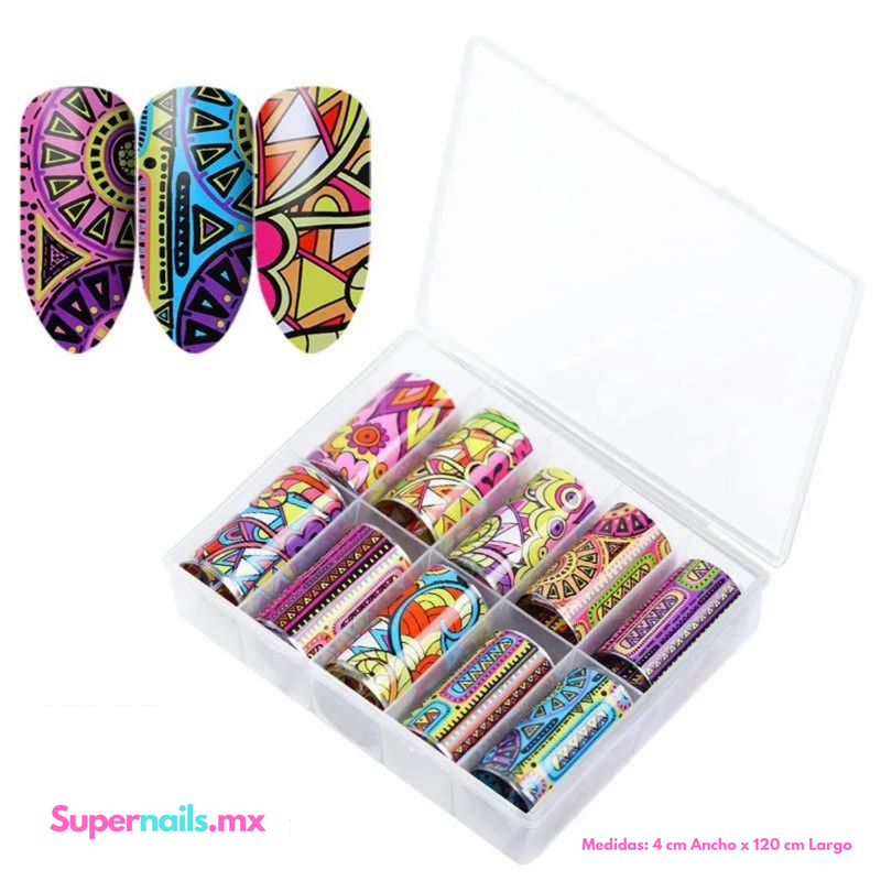 Foil para Decoracion de Uñas Caja de 10pzs Escoge tu Diseño